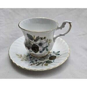 Royal Dover Bone China Floral Leaves Wheat Gold Trim Teacup Saucer Set